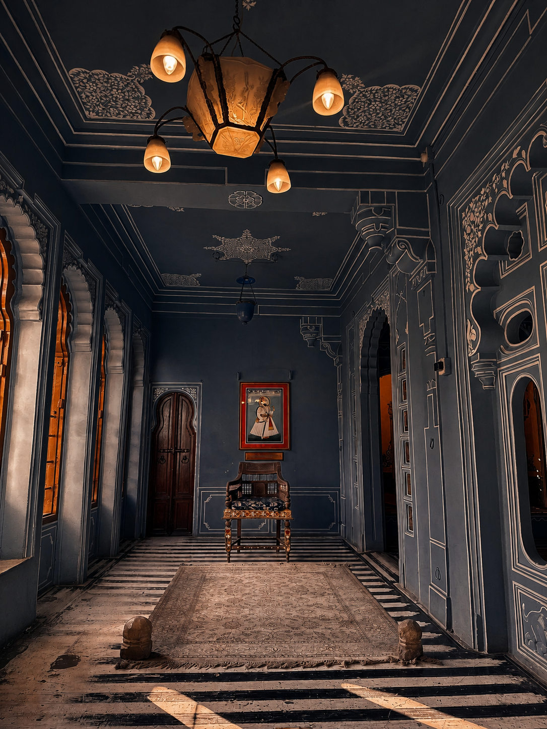 An ornate blue room with a solitary wooden chair