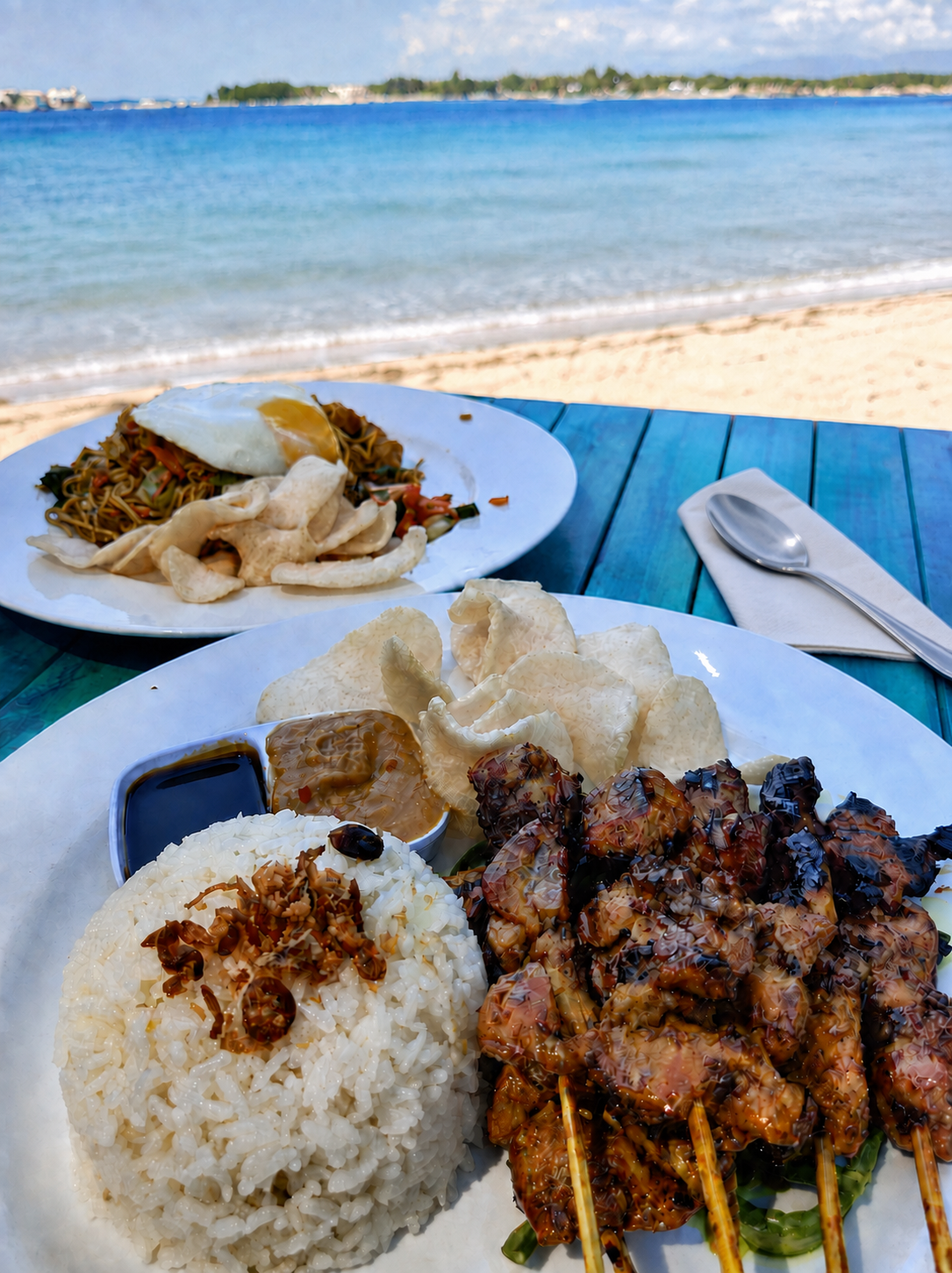 Grilled skewers with rice at a table beside the sea
